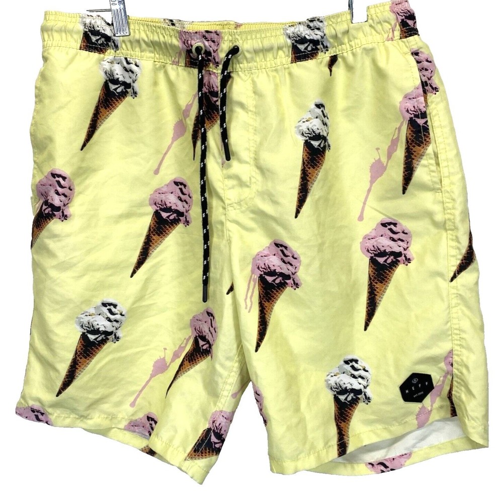 Neff Mens Shorts Size Large Board Swim Yellow Ice Cream Cones Drawstring Trunks